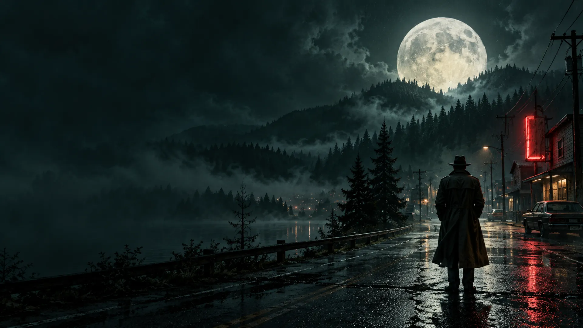 A lone detective under a huge pale moon above a rain-soaked pine forest town — Silver Pines